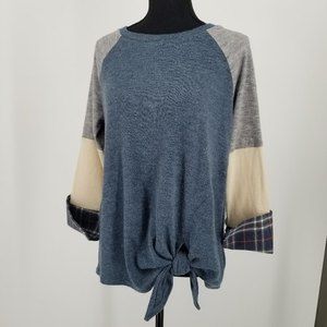 SHE + SKY pullover raglan sweater flanel flip cuff blue gray ivory plaid M